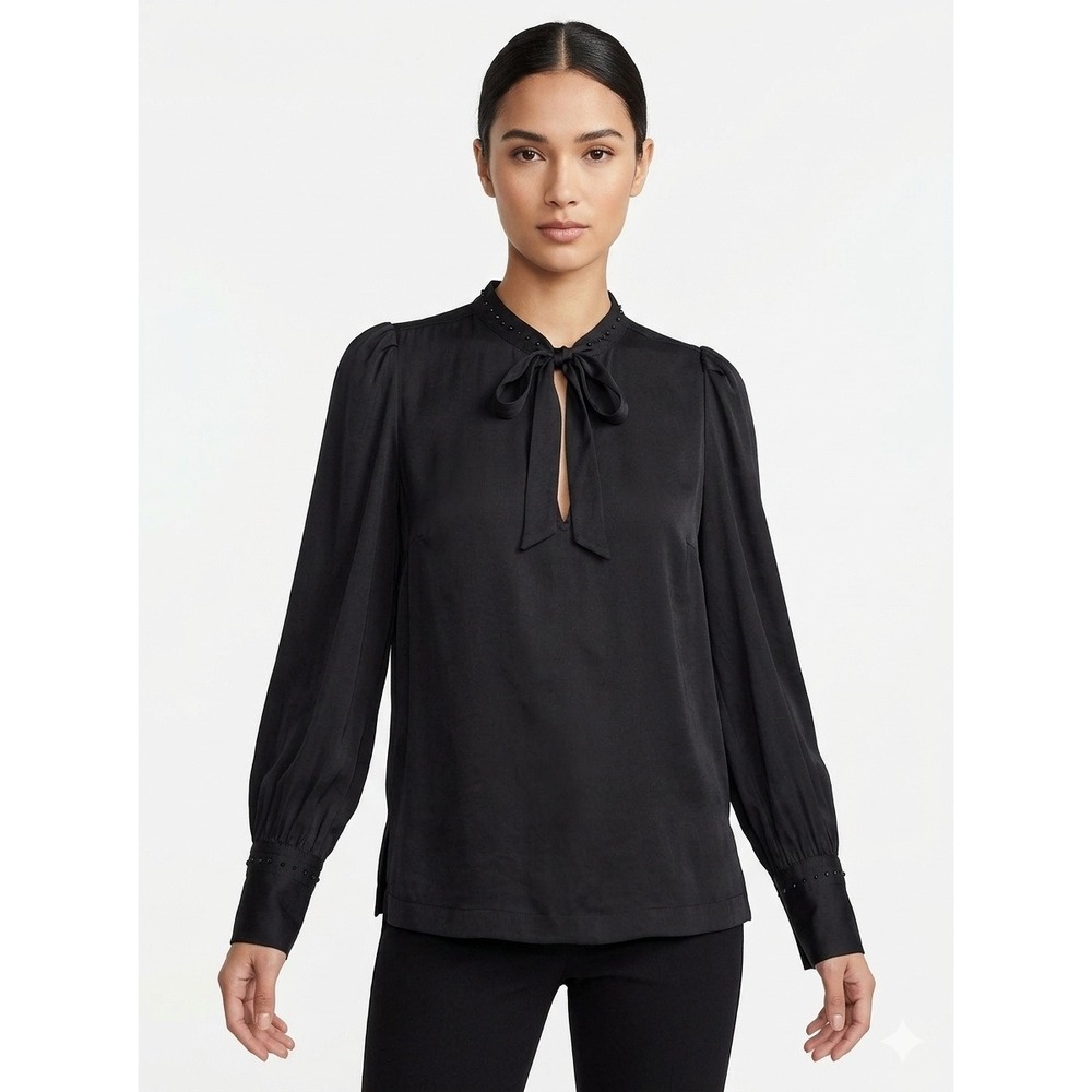 Express Black Satin Tie Neck Blouse Studded Cuff Long Sleeve Top Small
